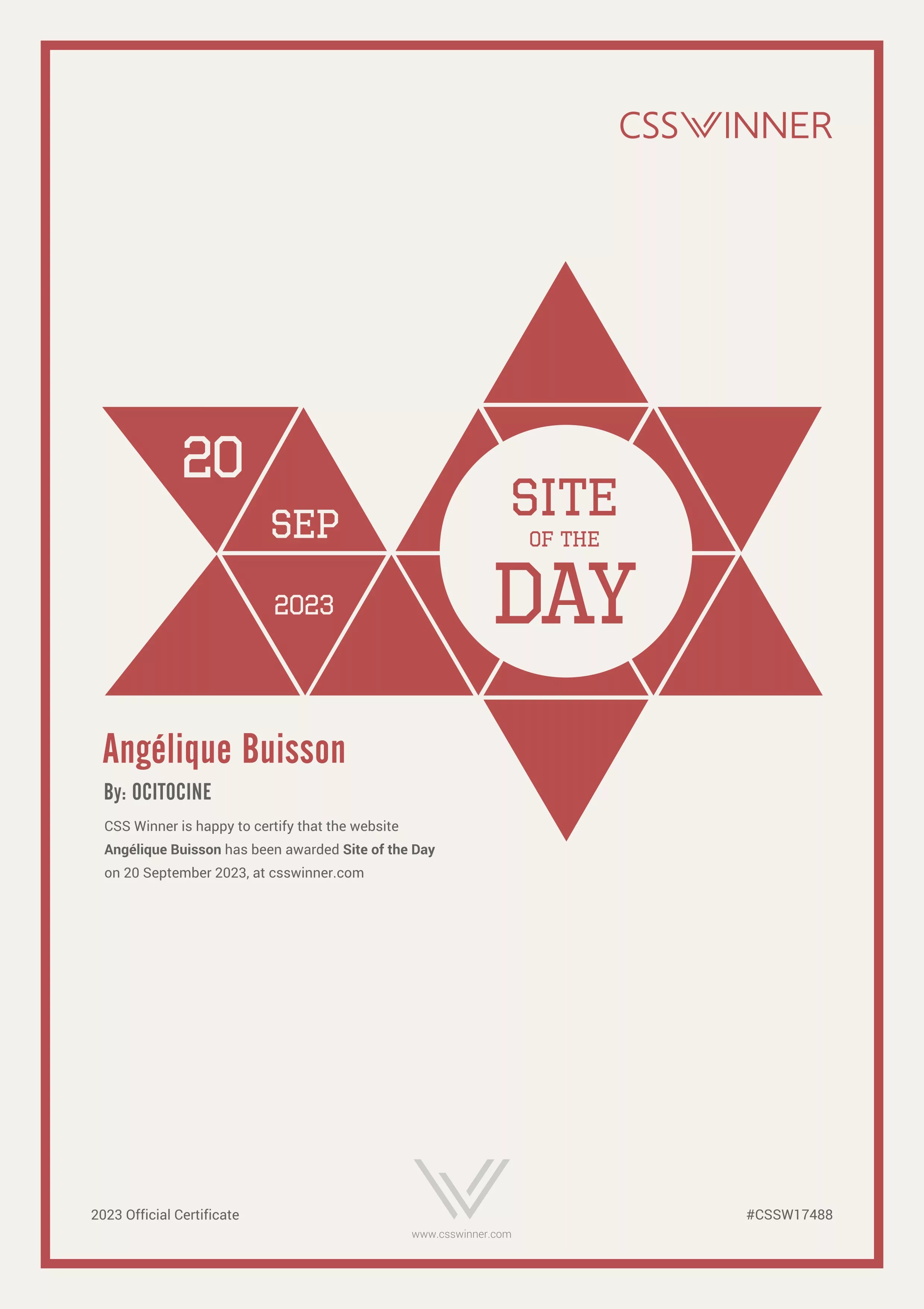 Ocitocine, agence créative web et branding, a remporté un prix "CSSWinner Site of the Day" pour la réalisation du site web angelique-buisson.com