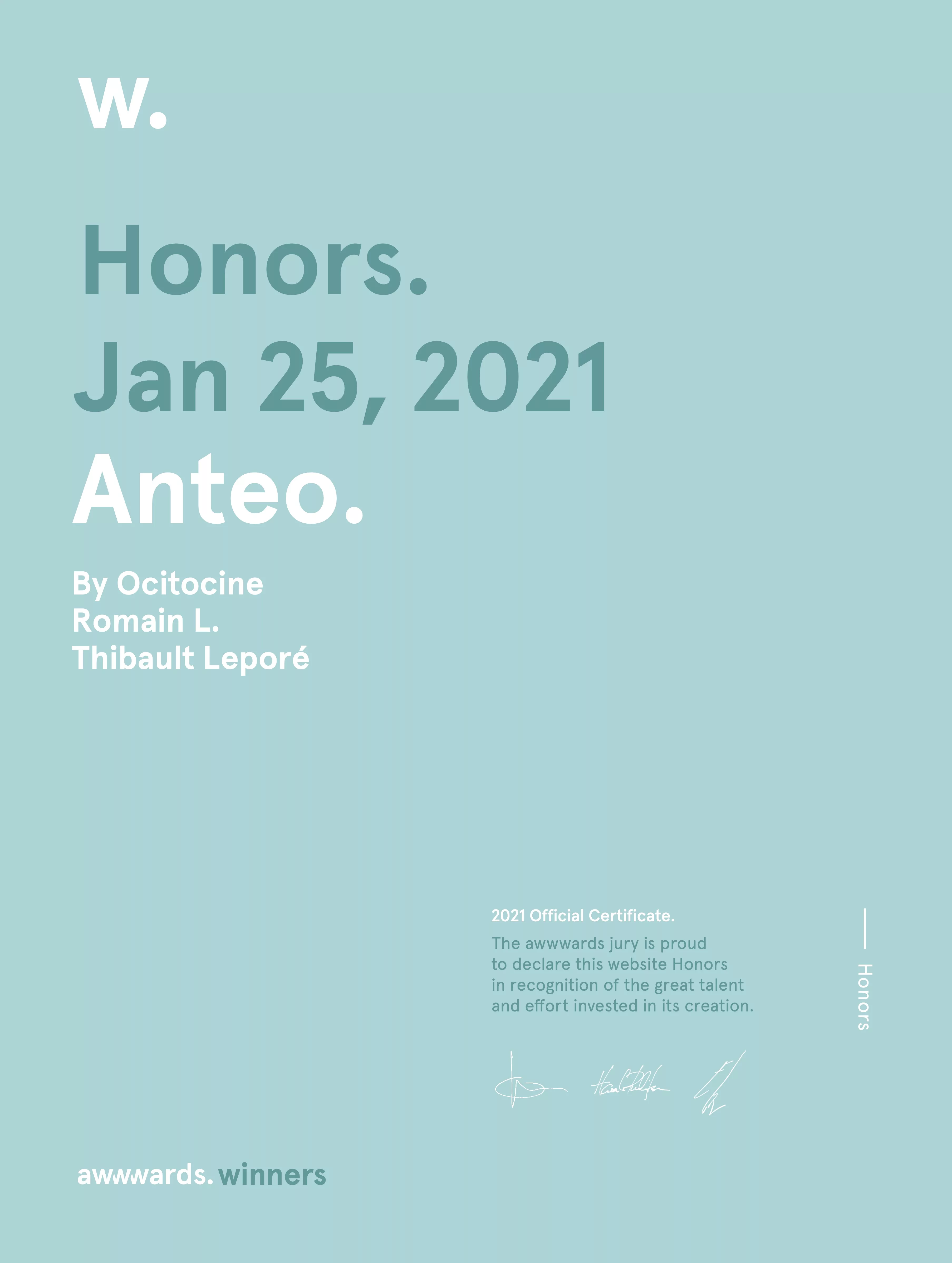 Ocitocine, agence créative web et branding, a remporté un prix "Awwwards Honorable Mention" pour la réalisation du site web anteo.pro