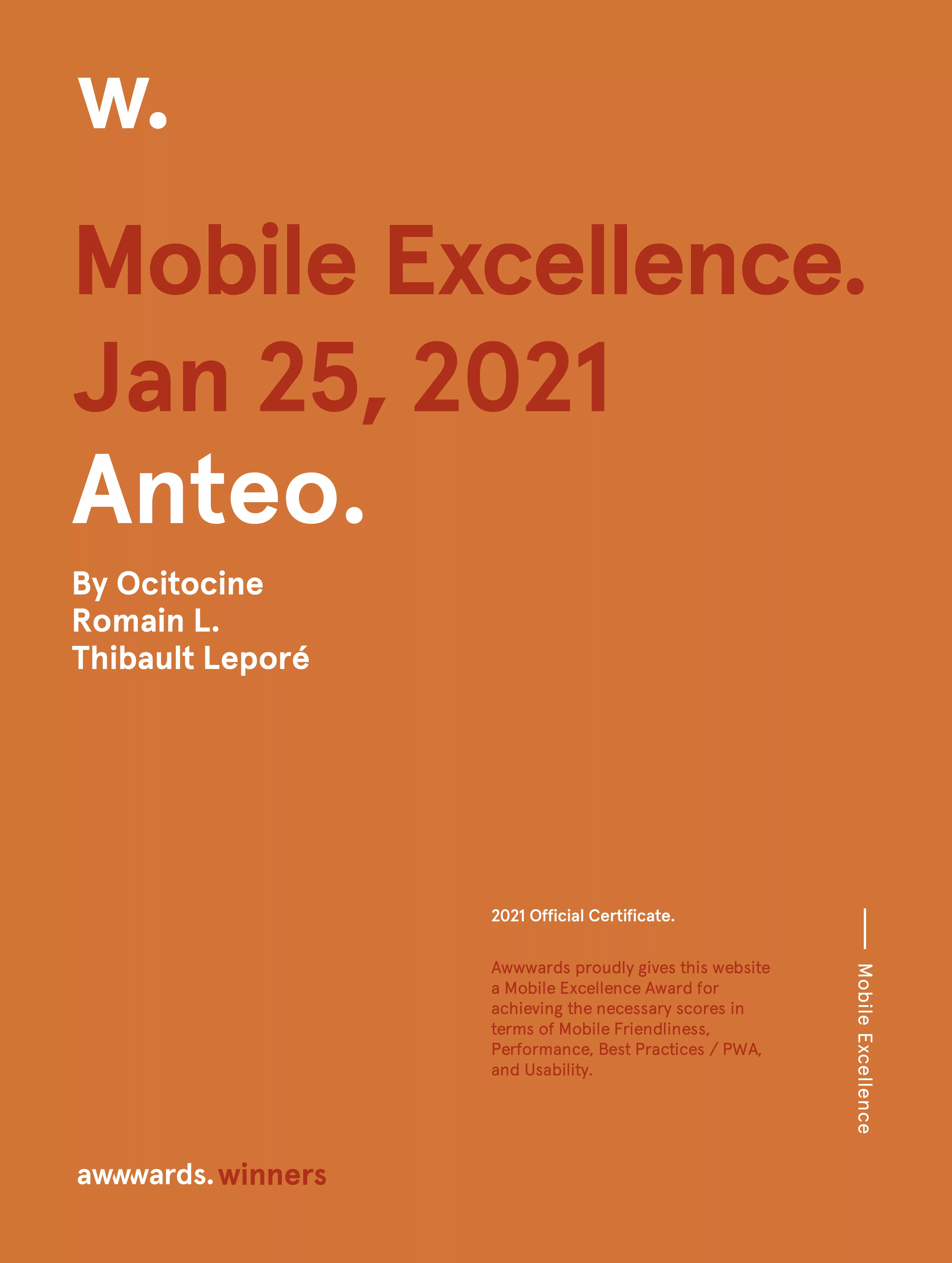 Ocitocine, agence créative web et branding, a remporté un prix "Awwwards Mobile Excellence" pour la réalisation du site web anteo.pro