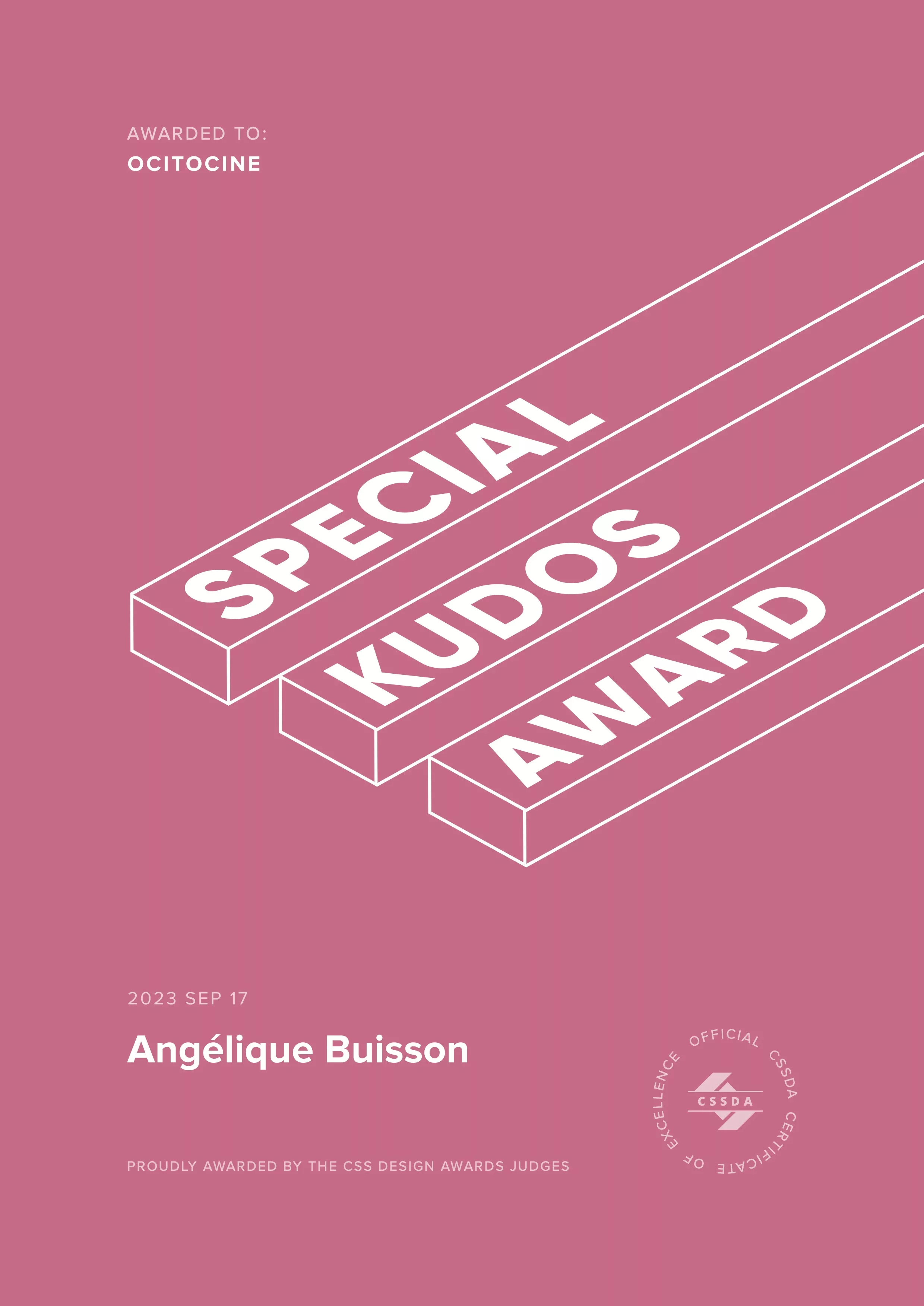 Ocitocine, agence créative web et branding, a remporté un prix "CSSDA Special Kudos Award" pour la réalisation du site web angelique-buisson.com