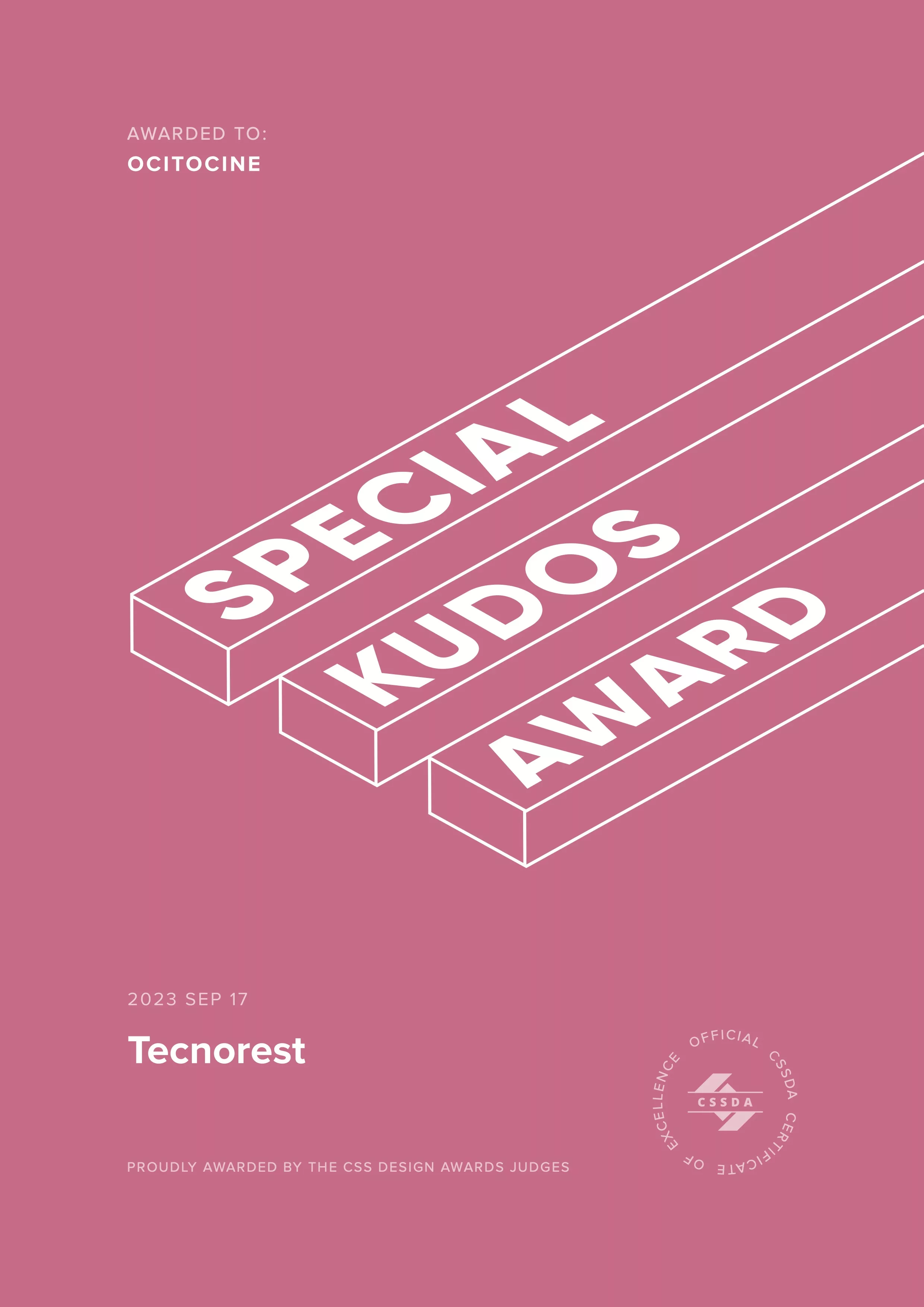 Ocitocine, agence créative web et branding, a remporté un prix "CSSDA Special Kudos Award" pour la réalisation du site web tecnorest.fr