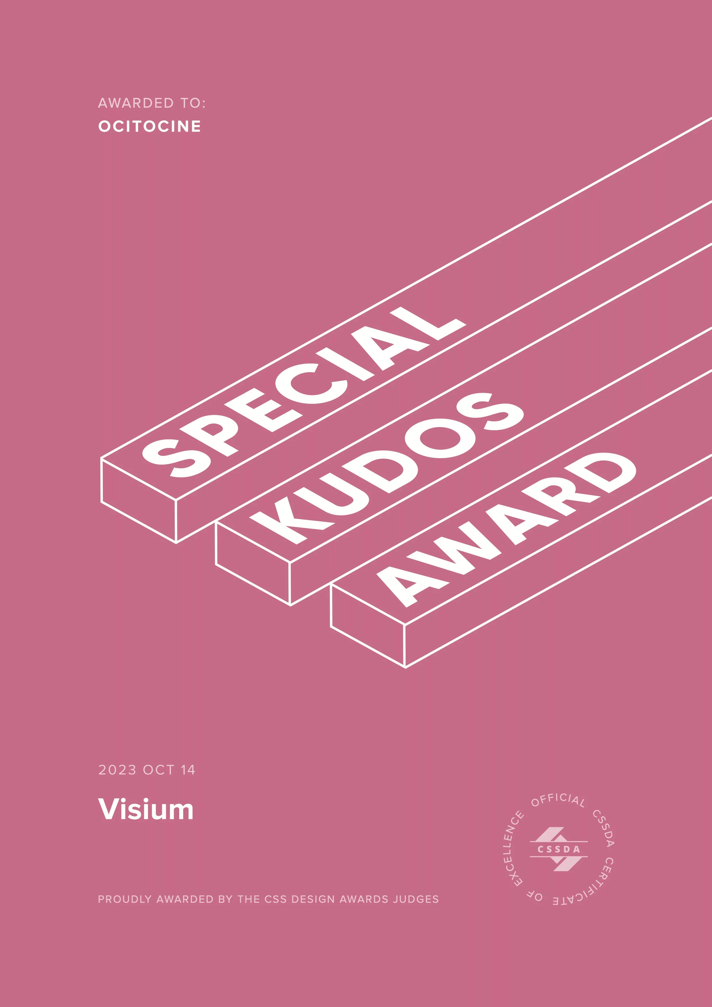 Ocitocine, agence créative web et branding, a remporté un prix "CSSDA Special Kudos Award" pour la réalisation du site web visium.ch