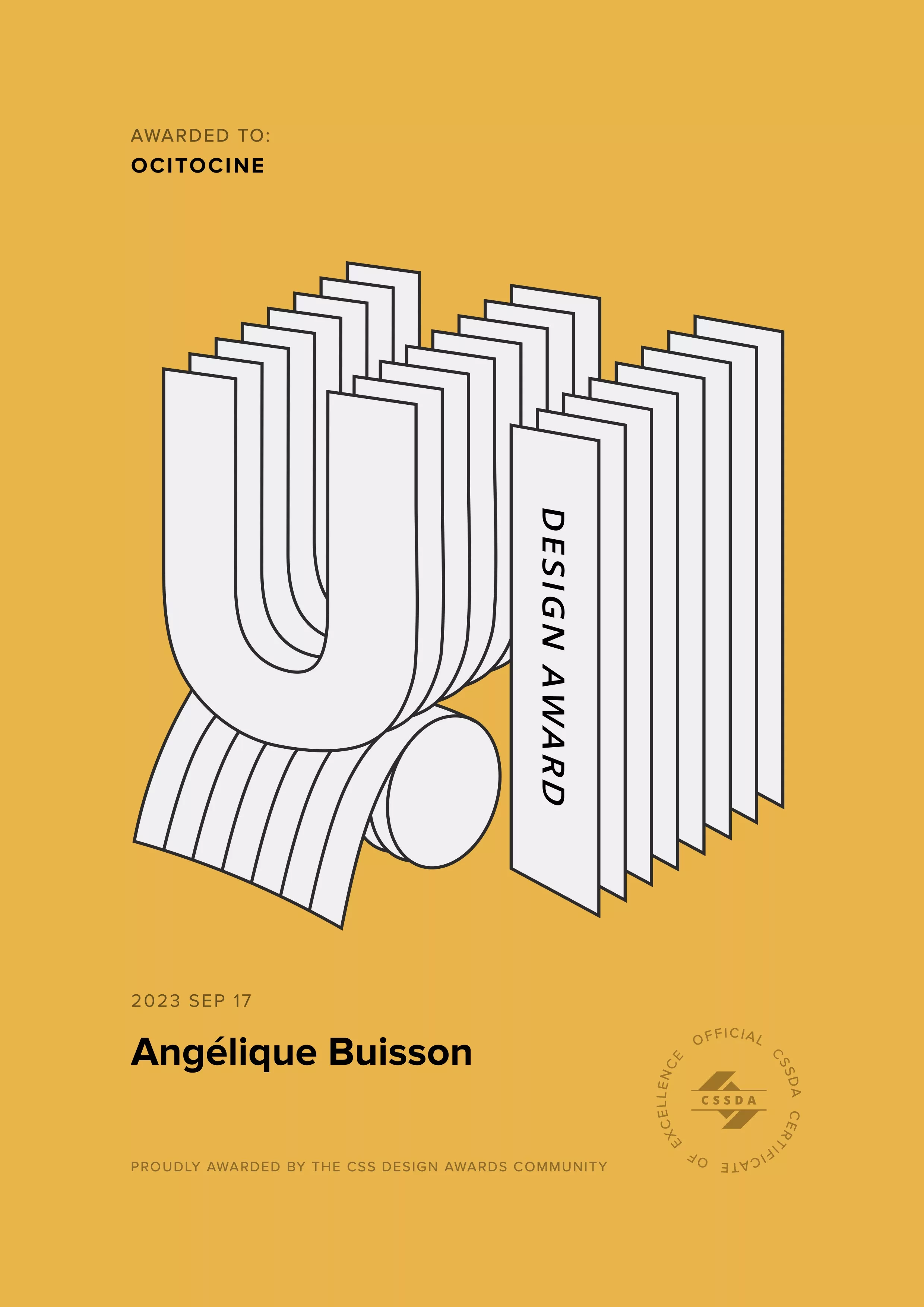 Ocitocine, agence créative web et branding, a remporté un prix "CSSDA UI Design Award" pour la réalisation du site web angelique-buisson.com