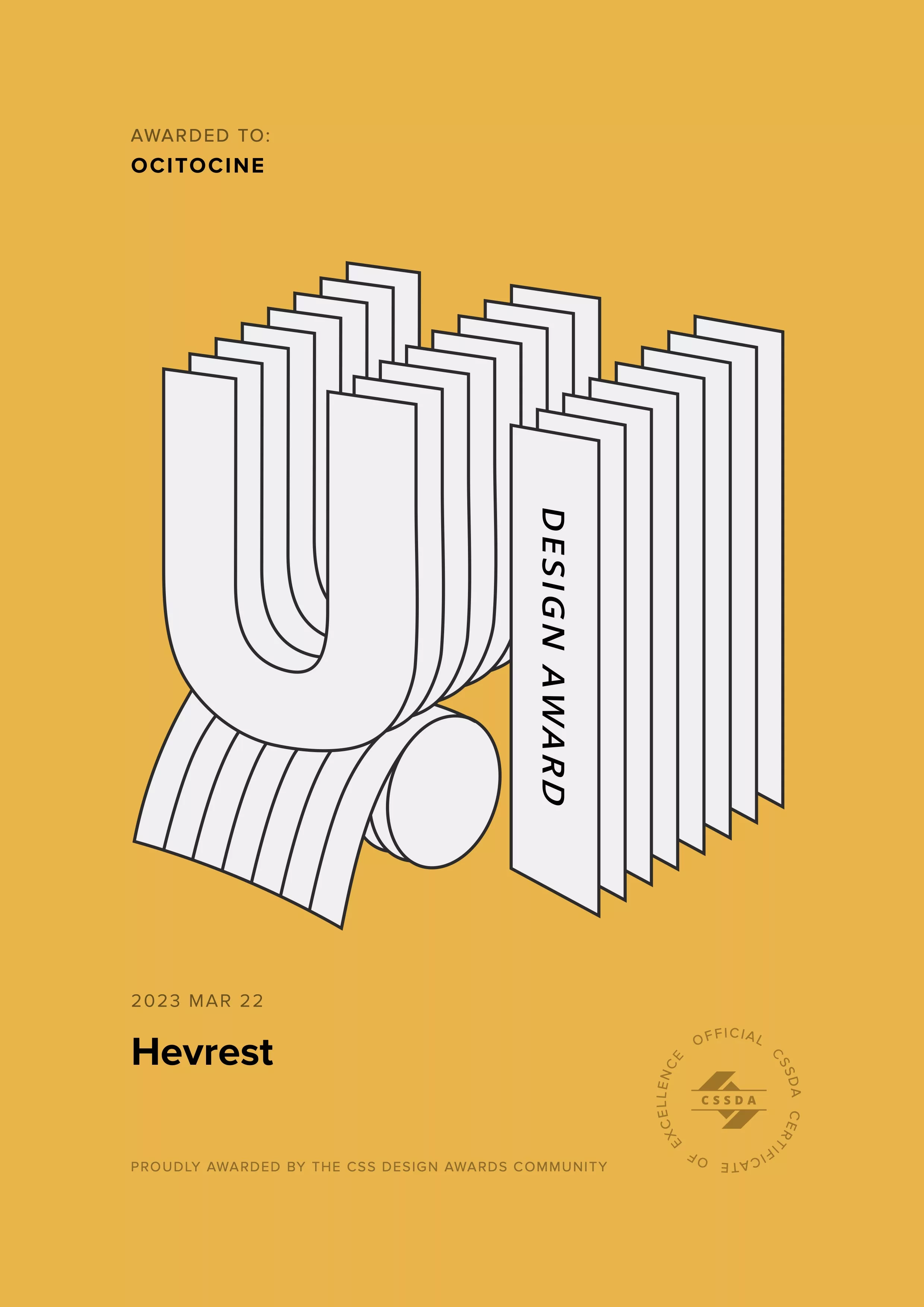 Ocitocine, agence créative web et branding, a remporté un prix "CSSDA UI Design Award" pour la réalisation du site web hevrest.com
