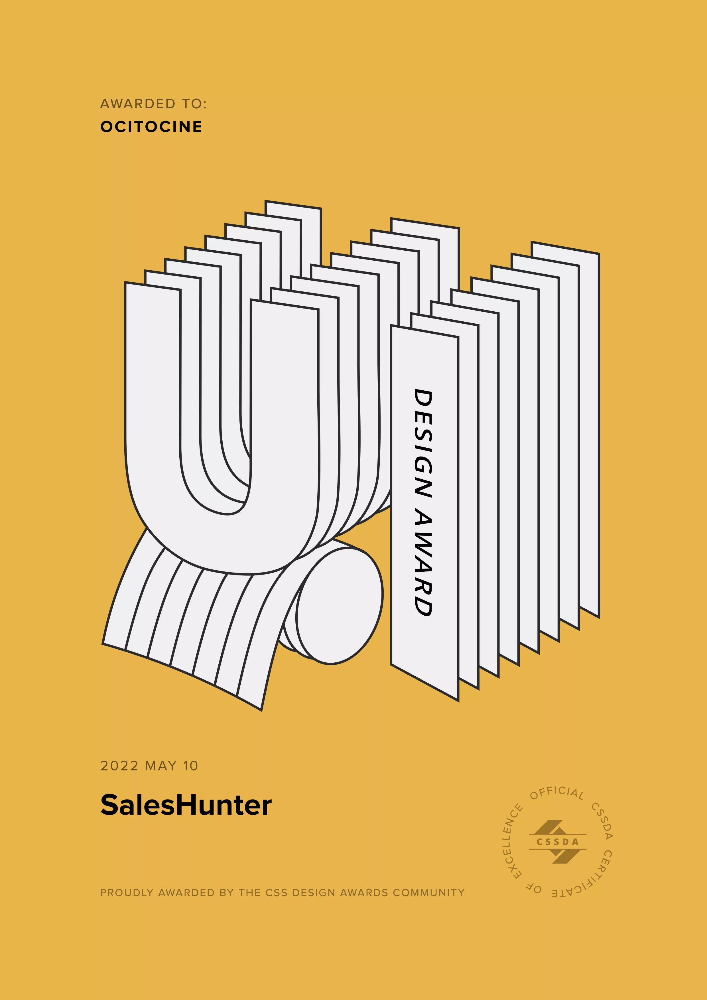 Ocitocine, agence créative web et branding, a remporté un prix "CSSDA UI Design Award" pour la réalisation du site web saleshunter.ch