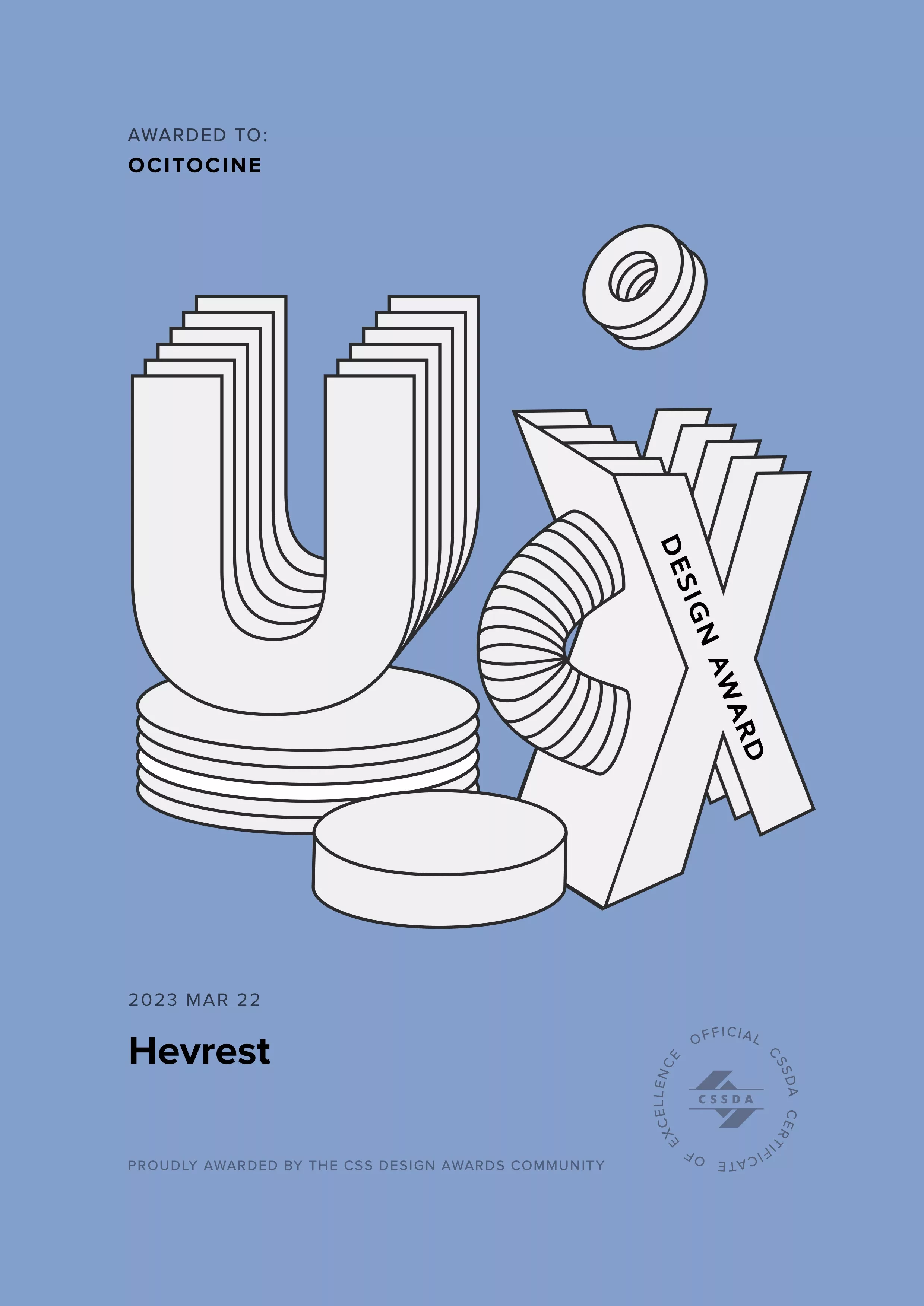 Ocitocine, agence créative web et branding, a remporté un prix "CSSDA UX Design Award" pour la réalisation du site web hevrest.com